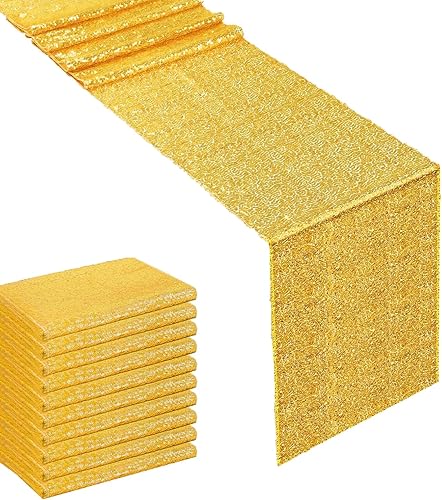 Camino de mesa dorado  Paquete de 10 caminos de mesa de lentejuelas de 12 x 108 pulgadas de largo para bodas, fiestas, cumpleaños, reuniones,