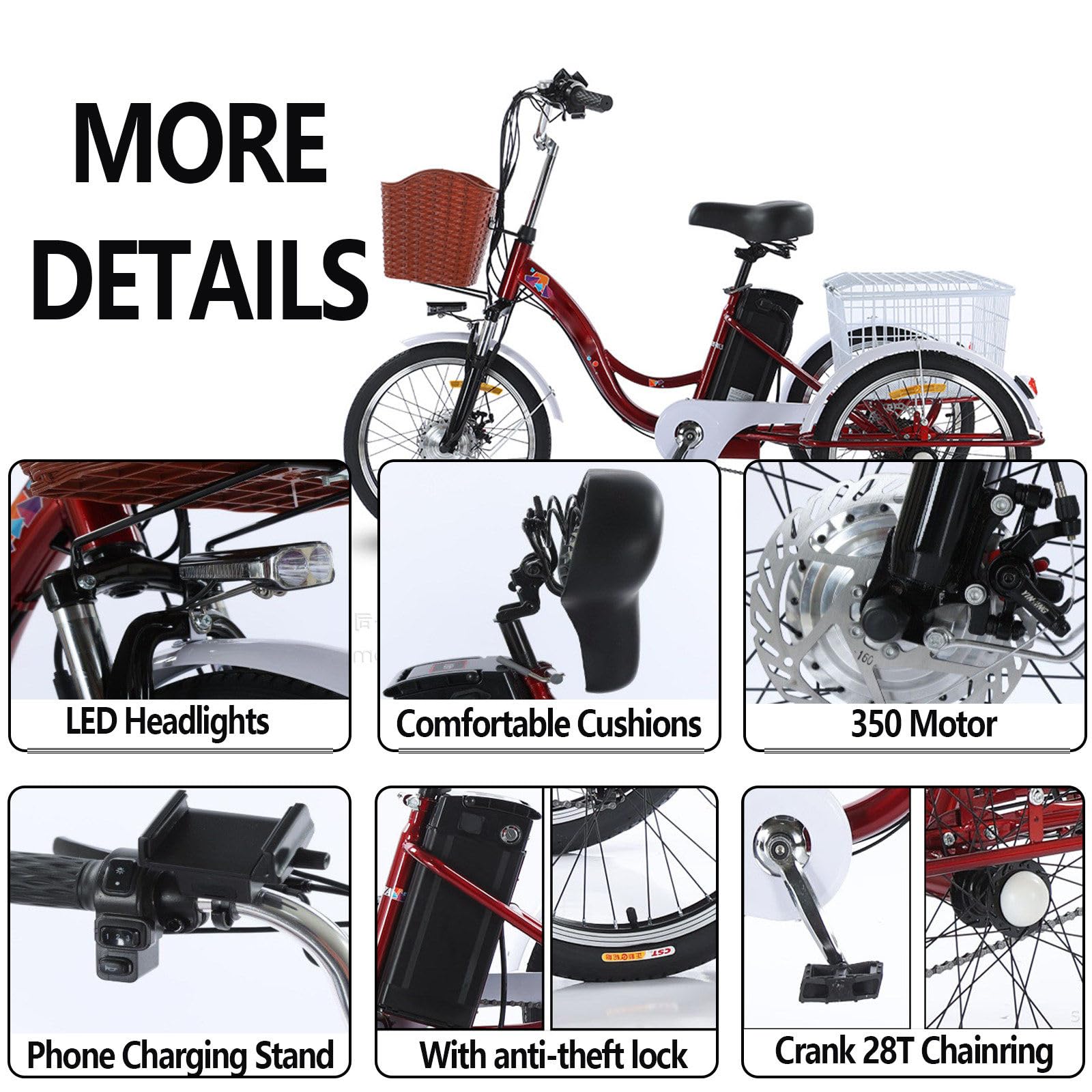 Bicicletta elettrica a 3 Ruote per Adulti Sedile Multifunzionale Posteriore Cestino Carico Altezza Regolabile di Carico 150 kg Altezza Regolabile per Le commissioni B
