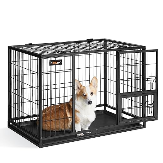 Feandrea Hundekäfig hochbelastbar, Gitterbox, transportabler Haustierkäfig, 122 x 74,5 x 80,5 cm, für mittelgroße, große Hunde, sicher, 2 abnehmbare Türen, Welpenauslauf, XXL, schwarz PPD003B01