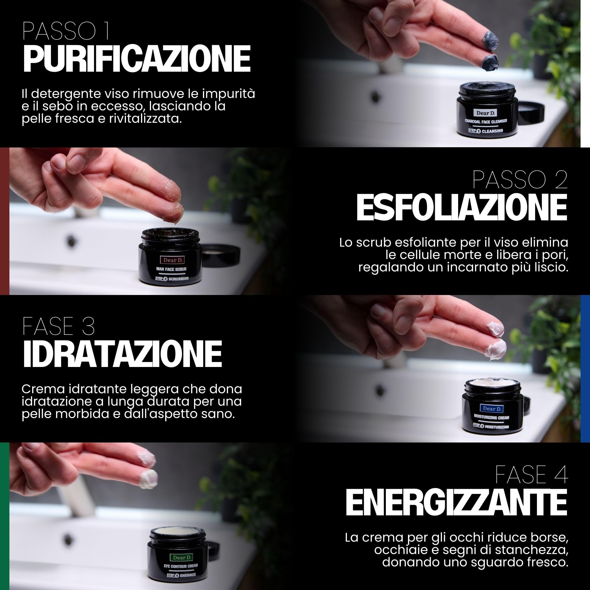 Dear D Box Kit Skincare Per Il Viso Superior | 4 Step Routine Completa Con Face Wash, Scrub Viso, Crema Idratante, Crema Contorno Occhi | Set creme uomo Made In Italy