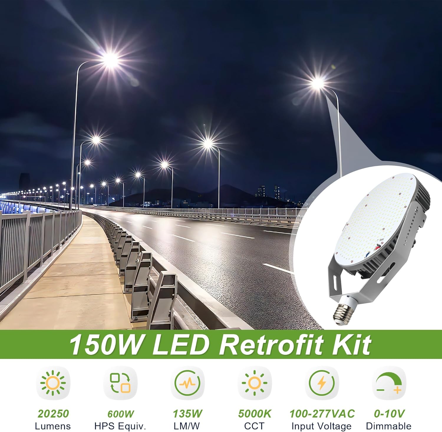 150W LED Shoebox Retrofit Kit, E39/E26 Base, Replaces 250–500W HID, Retrofit for High Bay, Wall Pack, Street and Parking Lot Pole Lights, 21000 Lumens 5000K, ETL DLC Listed