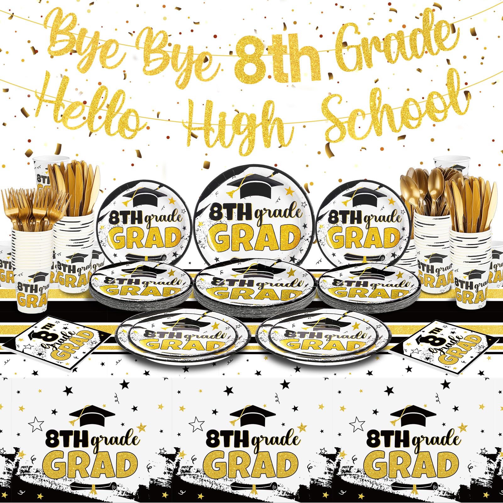 Jingmore 178 Pcs 8th Grade Graduation Party Decoration Supplies 2026 Graduation Party Disposable Dinnerware Serve 25 with Plastic Forks Knives Spoons