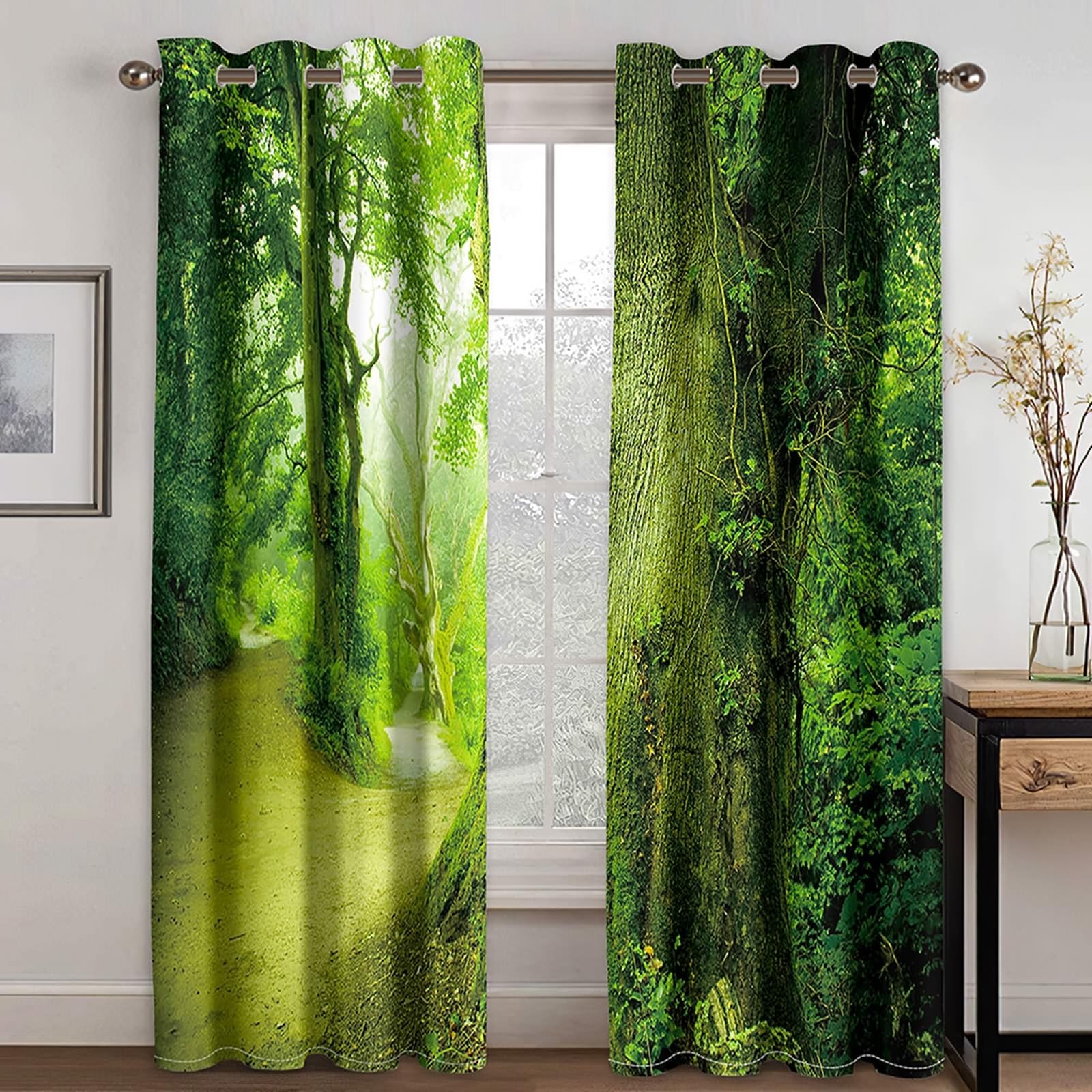 Gualiy Lot de 2 Rideau Salon, Rideaux Occultant Isolant Thermique Arbres Paysage Nature Rideau Vert 214x274cm