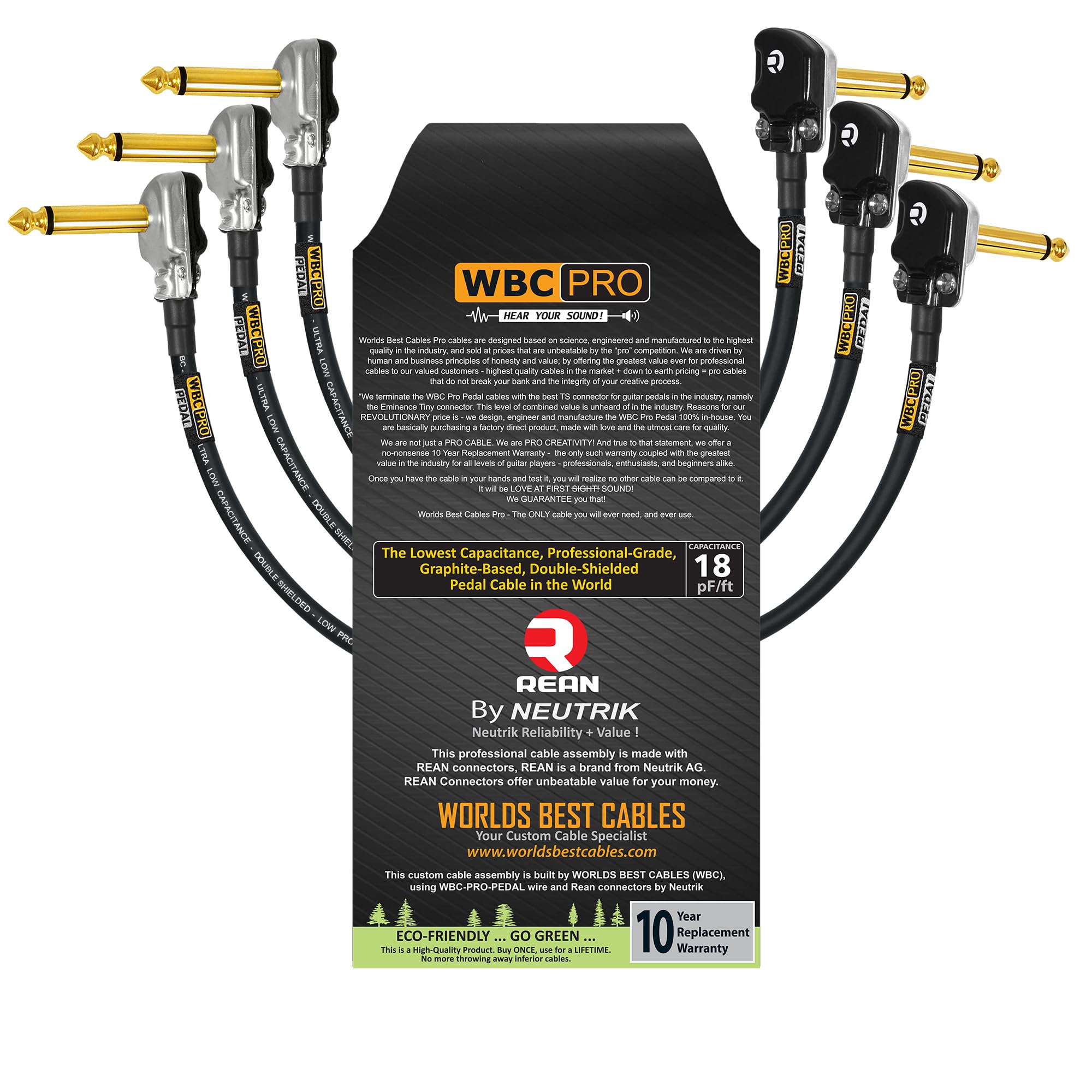 3 Units - 12 Inch - WBC-PRO-Pedal – 22 AWG - Low-Cap (18pF/ft) – Pro-Grade – Graphite-Based - Dual-Shielded Pedal, Effects, Patch, Instrument Cable with Neutrik-Rean Gold Plated Pancake TS Connectors