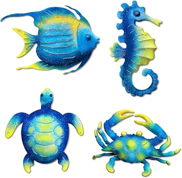 Bnesi Set of 4 Metal Wall Art Outdoor Metal Turtle Fish Crab and Seahorse Art Outdoor Wall Decor as Beach Wall Art Ocean Wall Decor for Patio Garden Backyard Indoor Home Decor Classic