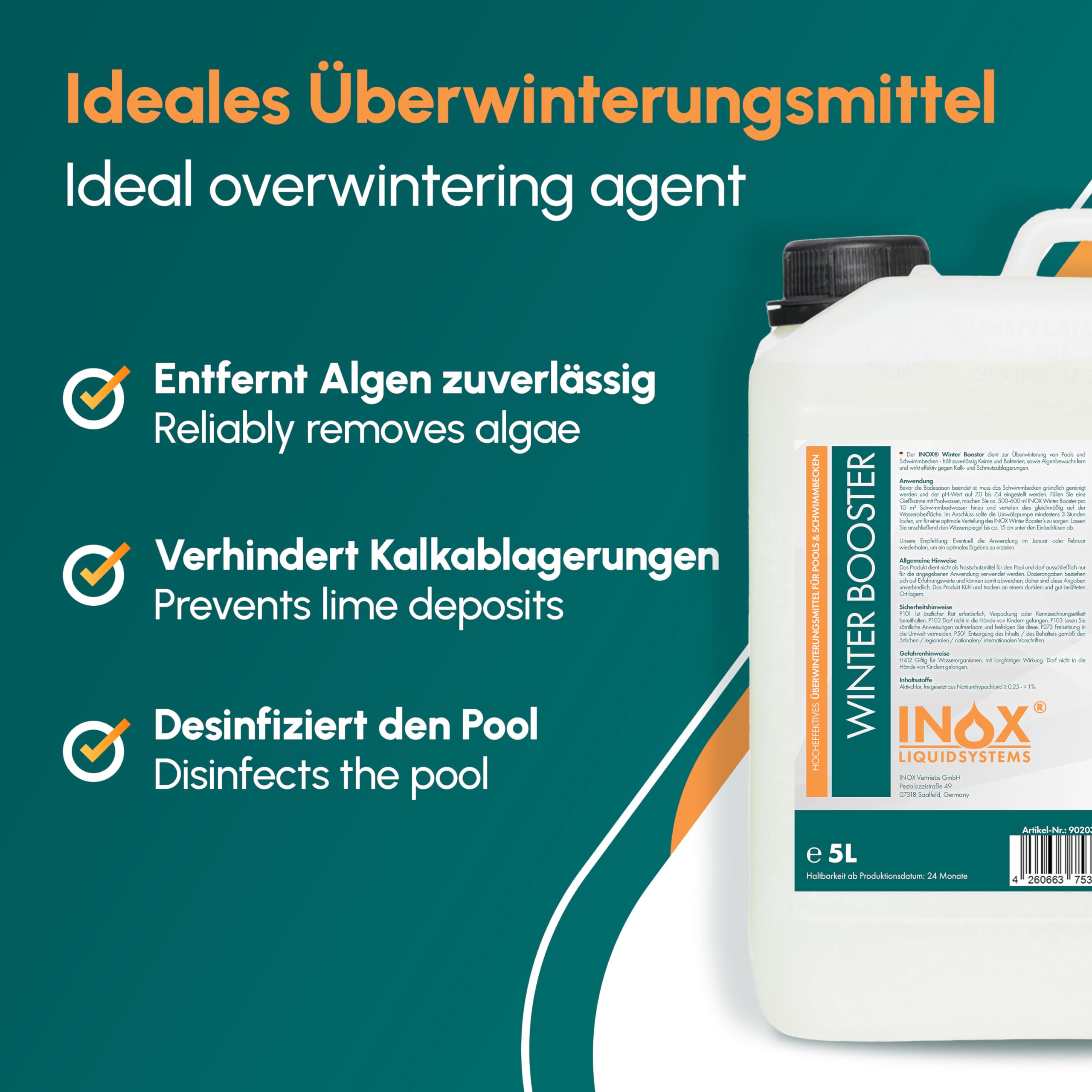 INOX® Pool Wintermittel 5L | Hochwertiges Pool Überwinterungsmittel & Algizid für Pool | Effektives Wintermittel für Poolpflege im Winter