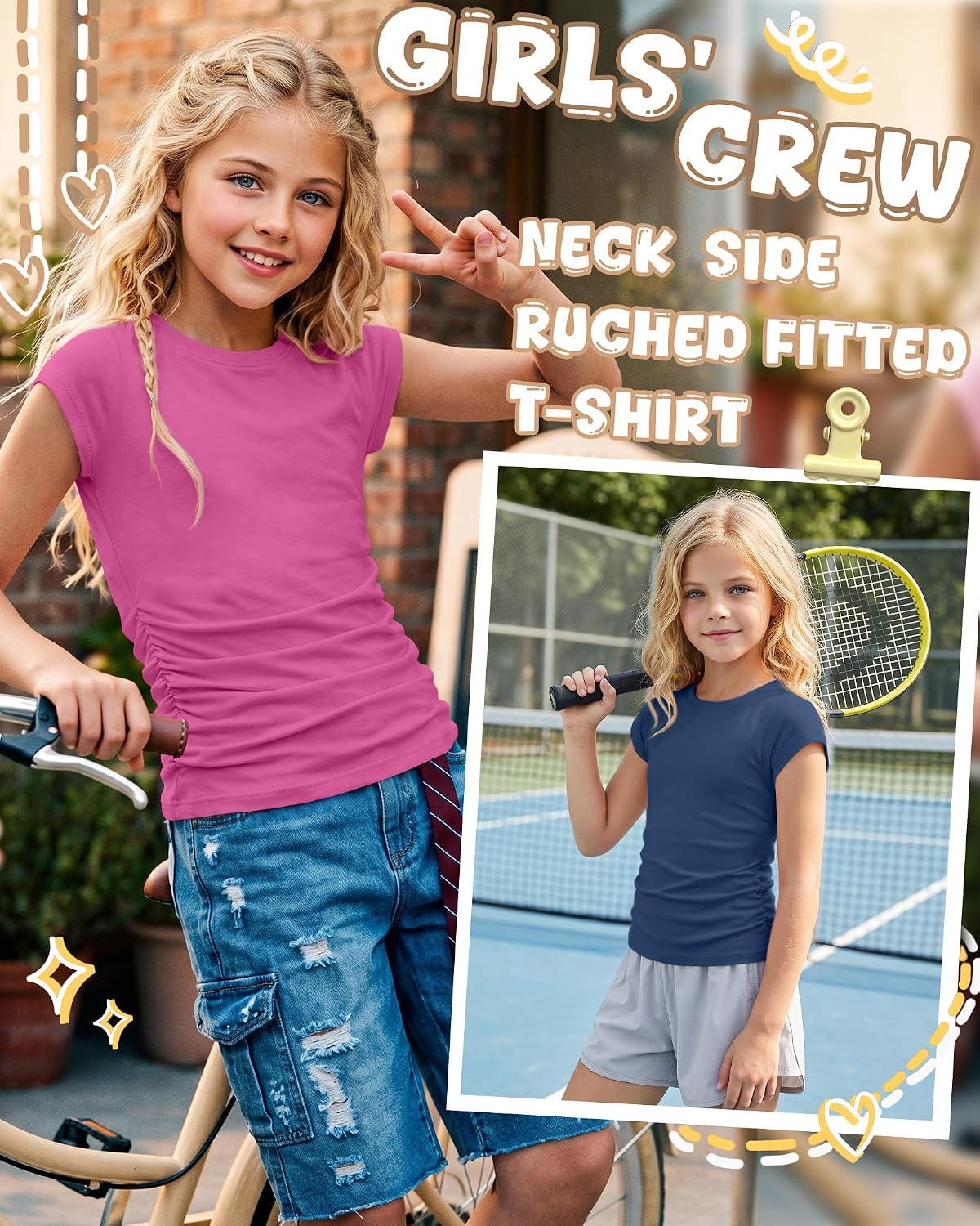 Yooo's Vivi 3 Pack Girls' Cap Sleeve Shirts Kids Summer Crew Neck Tops Side Ruched Fitted Casual Short Sleeve T Shirts 5-14 Y