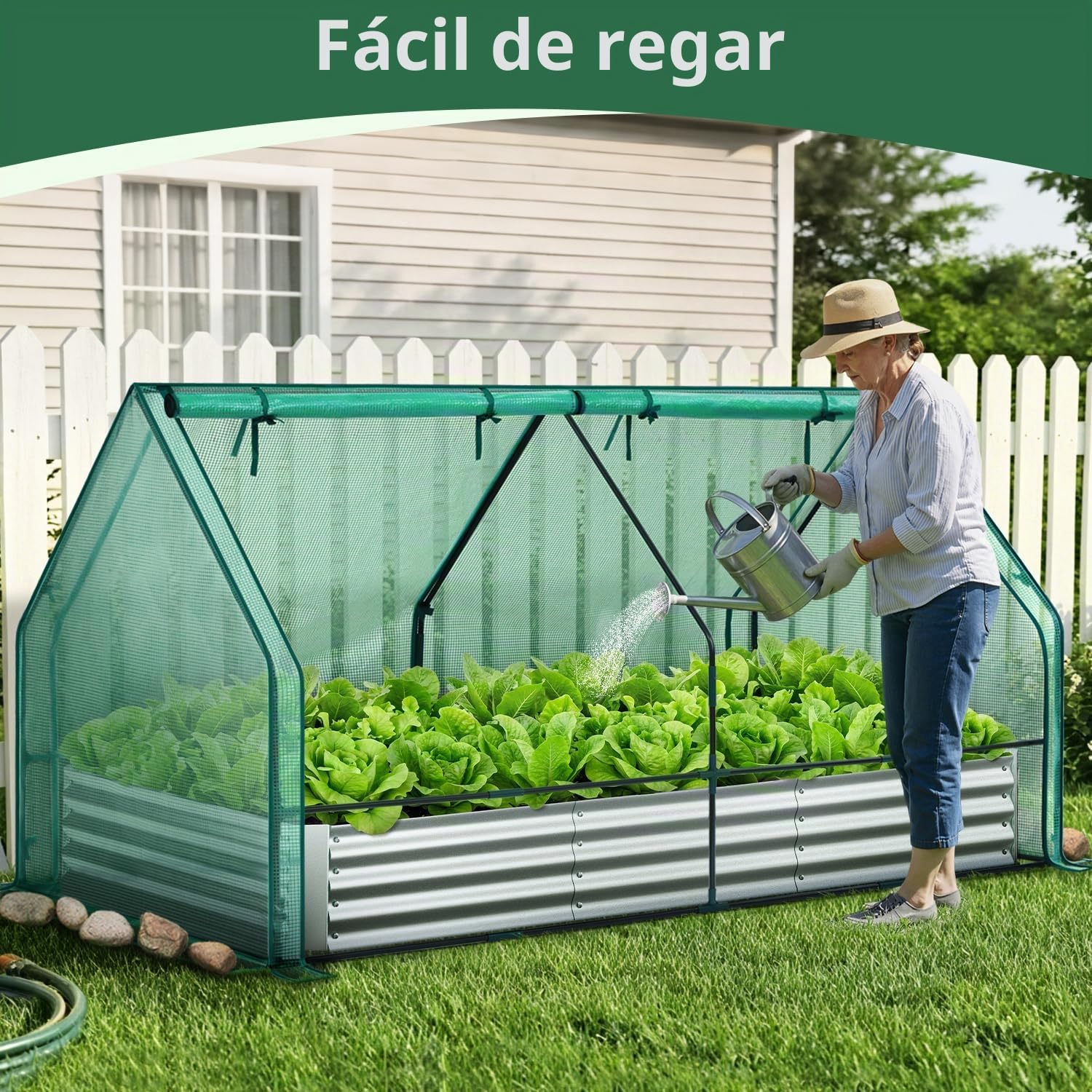 Ohuhu Cama de jardín elevada con invernadero, maceta metálica galvanizada 8x4x1 pies con cubierta de polietileno, 4 puertas para ventilación, para cultivo de verduras y flores