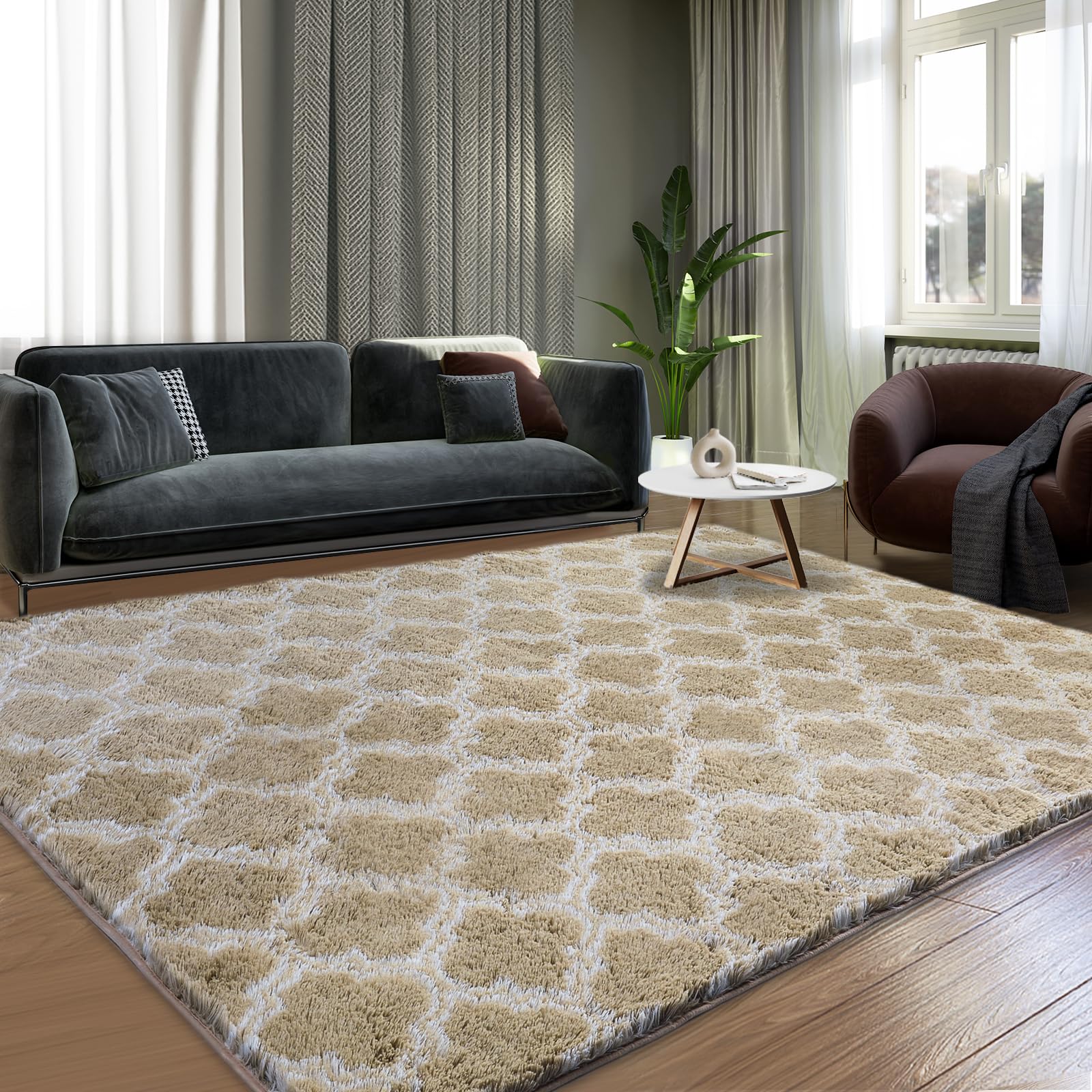 Area Rugs 8x10, Shag Rugs for Living Room, High Pile Fluffy Carpet for Bedroom, Kids Room, Nursery, Home Decor, Geometric, Beige/White