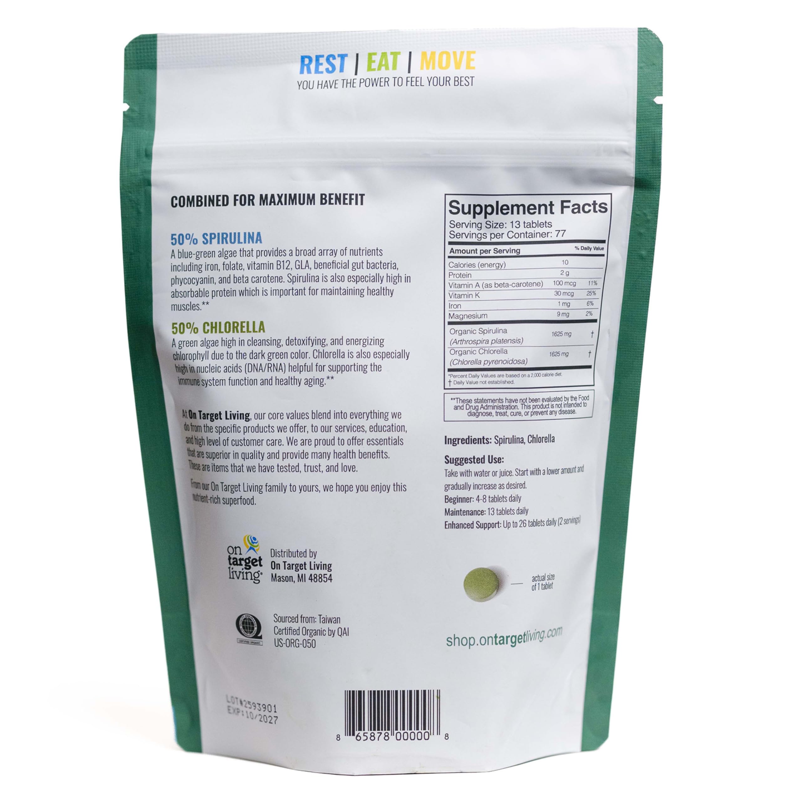Organic Spirulina Chlorella | Supergreens | USDA Organic | 1000 Tablets - 250 G (8.8 oz) | Vegan | Alkalyzing | Nutrient Dense | Protein Dense — Amazon image 6