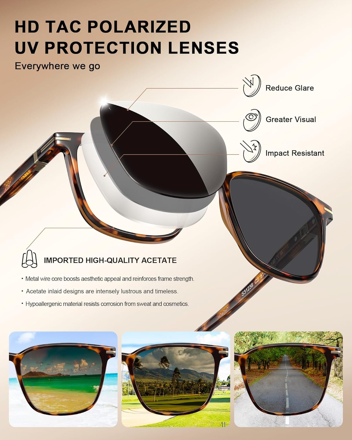 CARFIA Classic Polarized Sunglasses for Men UV400 Protection, Flexible Acetate Shades with Core Wire Design CA31238