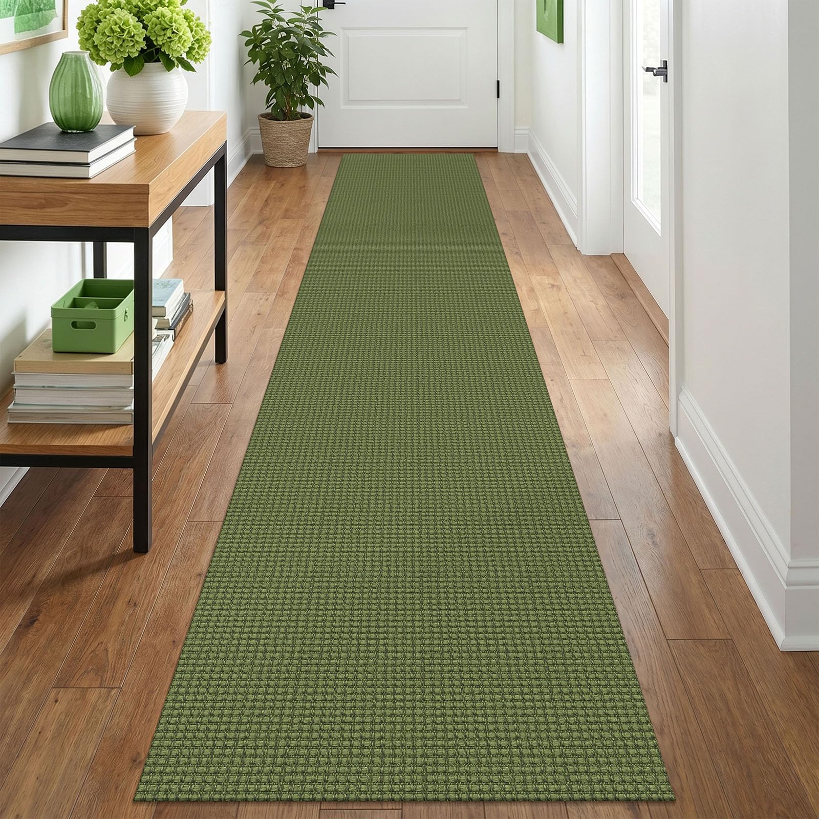 IOHOUZE Washable Runner Rug 2x12 Non Slip Rubber Backed Extra Long Hallway Runner Entryway Runner Indoor, Kitchen Rugs Woven Cotton Floor Carpet for Hall Entrance, Olive Green/Earthy Green