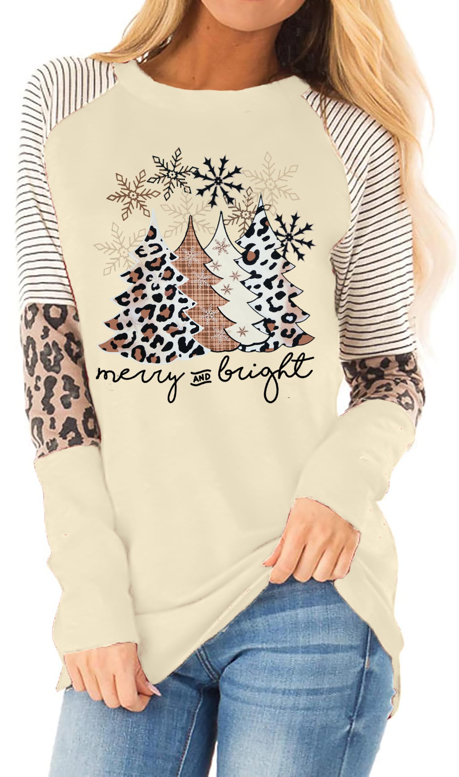Christmas T Shirt Womens Merry and Bright Shirt Xmas Leopard Print Tree T-Shirt Holiday Graphic Tee Tops