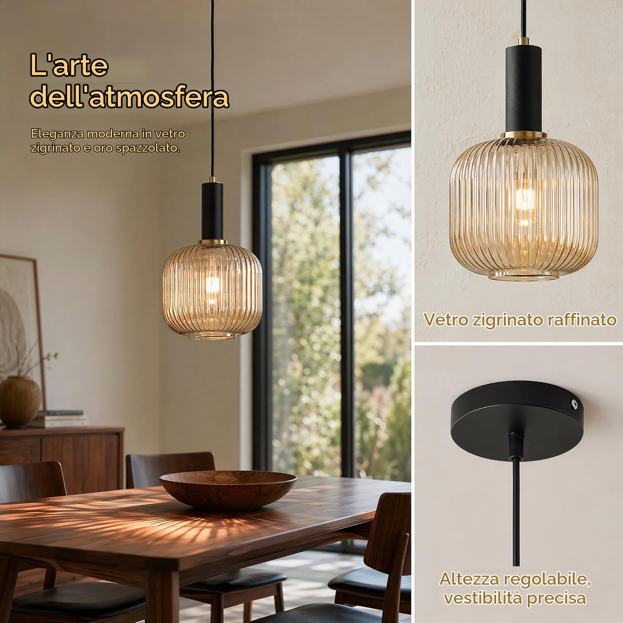 EKSED Lampadario Moderno in Vetro Rigato con Attacco E27, Lampada a Sospensione per Isola Cucina, Sala da Pranzo e Camera da Letto (Ambra, 20cm)