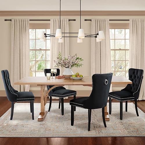 Miniatura 88 de Juego de 6 Sillas de Comedor Tapizadas en Terciopelo, Sillas Laterales de Cocina de Estilo Moderno con Ribete de Tachuelas y Patas de Madera, Anillo