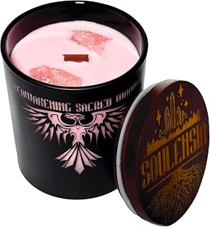 Cedar & Sandalwood Candle with Rose Quartz Crystals & Phoenix Engraving - Handcrafted 9oz Soy Wax Crystal Candle, Wooden Wick, 50H Burn Time, Gift Box - Relaxation, Meditation, Aromatherapy