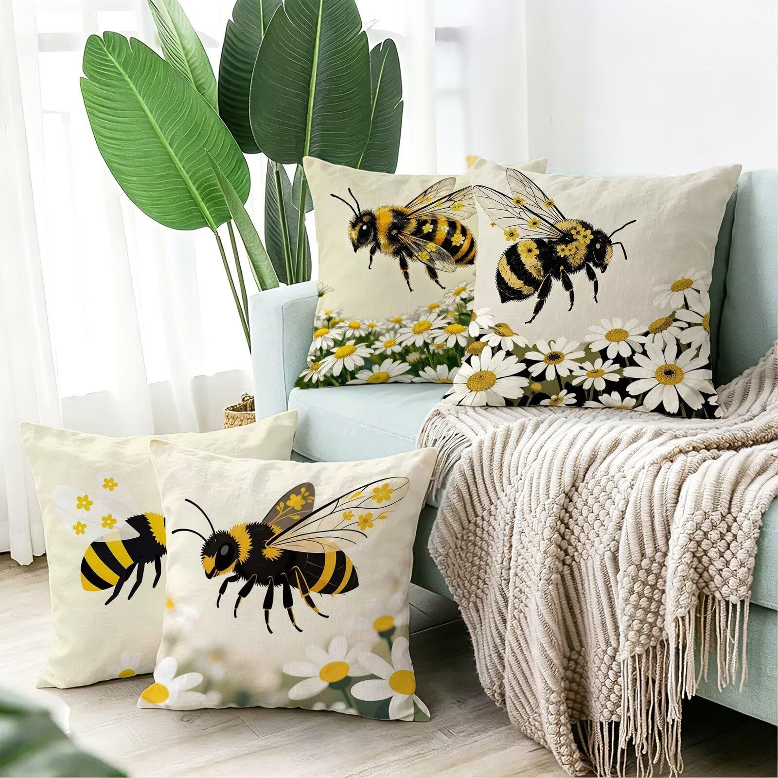Giallo Federe Cuscini Divano 65x65cm, Cuscini da Esterno Set de 4, Cod-50 | Velour Copricuscini Decorativi Letto Arredo, per Letto, Soggiorno, Giardino, Esterno, Casa Decorazione Set di 4 Animale