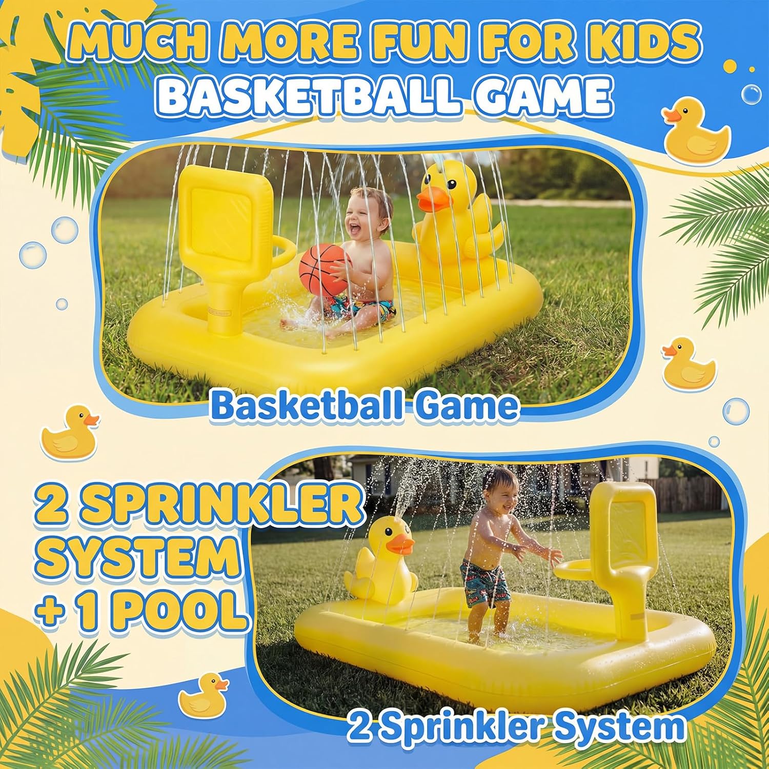 Jenaai Splash Pad for Kids 63" Inflatable Yellow Duck Sprinkler Mat for Toddler 3-in-1 Water Toy with Basketball Game Indoor Outdoor Summer Kiddie Pool Play Center Birthday Gift for Boys Girls