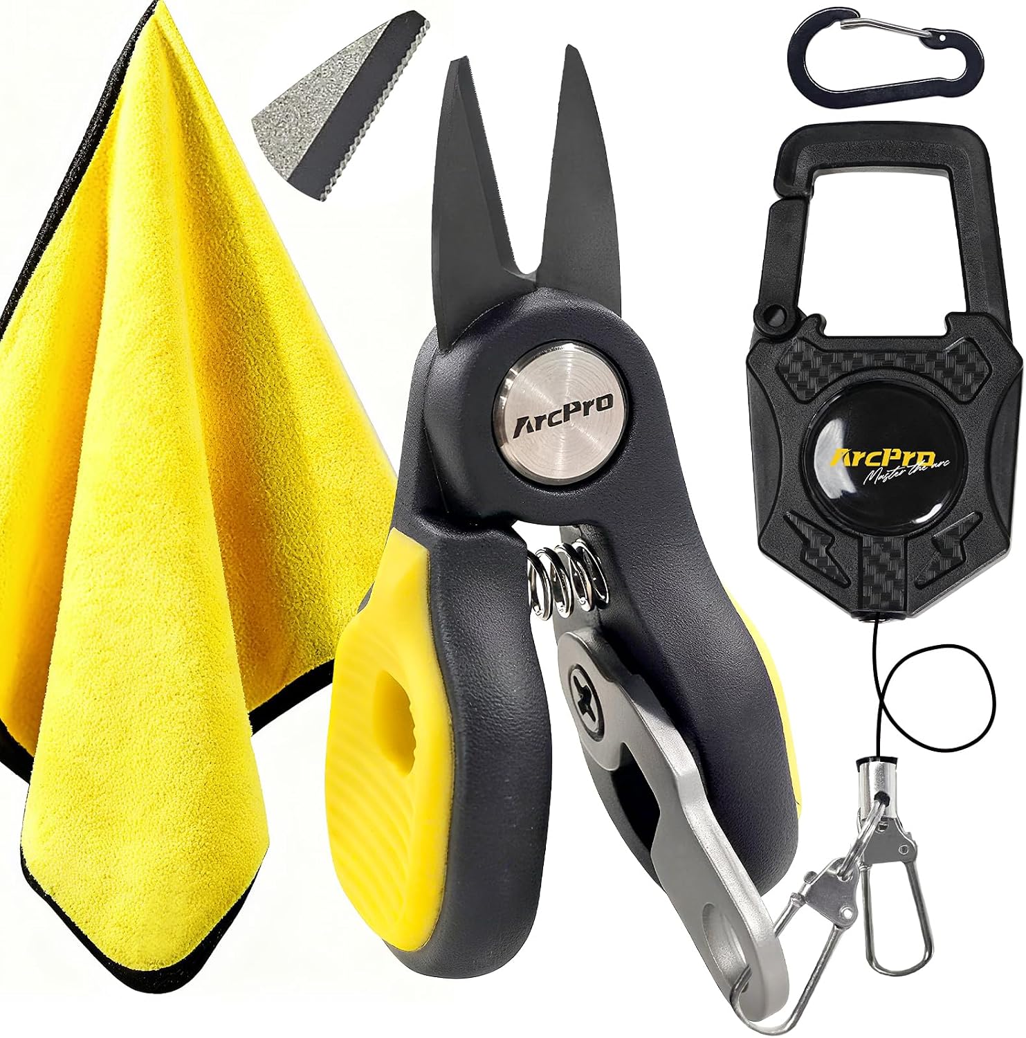 Titanium-Coated Fishing Line Cutter Saltwater Set, Fishing Scissors for Braided Line with Retractable Zinger & Thick Microfiber Towel, One-Hand Operation Anti-Rust Compact Braid Scissors