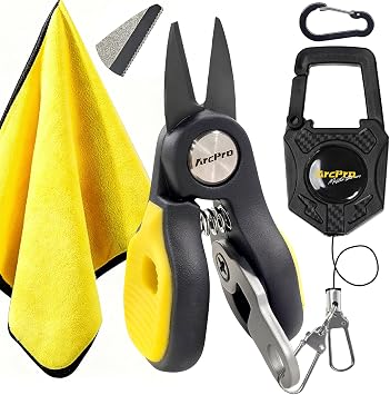 Titanium-Coated Fishing Line Cutter Saltwater Set, Fishing Scissors for Braided Line with Retractable Zinger & Thick Microfiber Towel, One-Hand Operation Anti-Rust Compact Braid Scissors