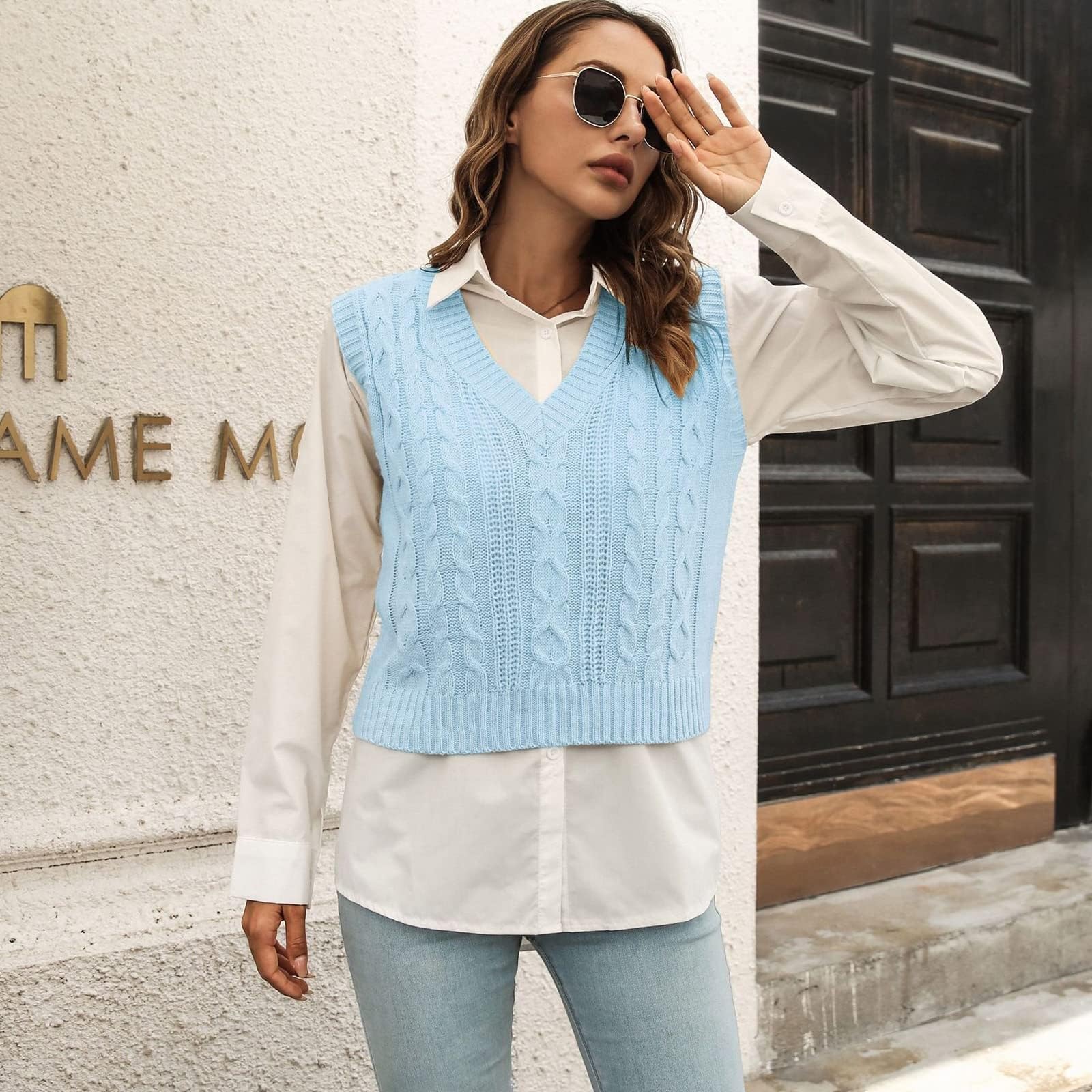 Gilet Maglione a Righe da Donna Classico Scollo a V Gilet Lavorato a Maglia a trecce Pullover Senza Maniche Canotte a Coste