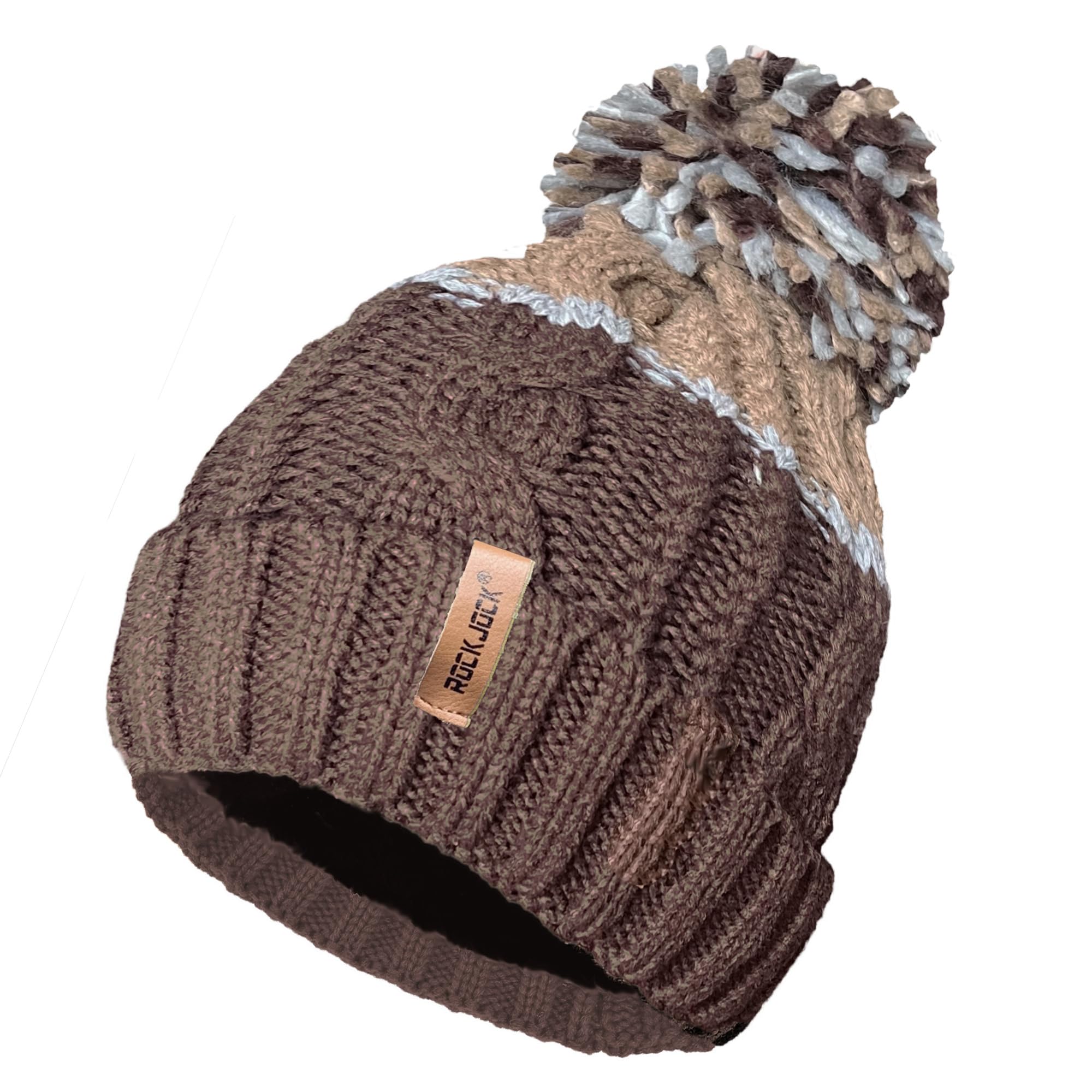 Unisex Men's Women's Warm Winter Chunky Colour Block Ski Bobble Hat with Cuddly Thermal Teddy Fleece Liner