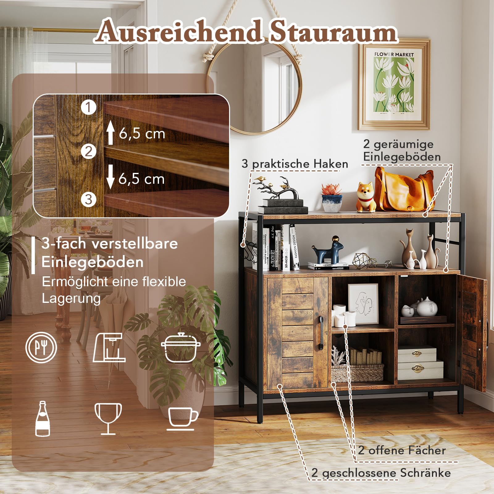 COSTWAY Keukenkast dressoir met metalen frame en open plank & 3 vakken, commode keuken hout, 110 x 42,5 x 88 cm (vintage
