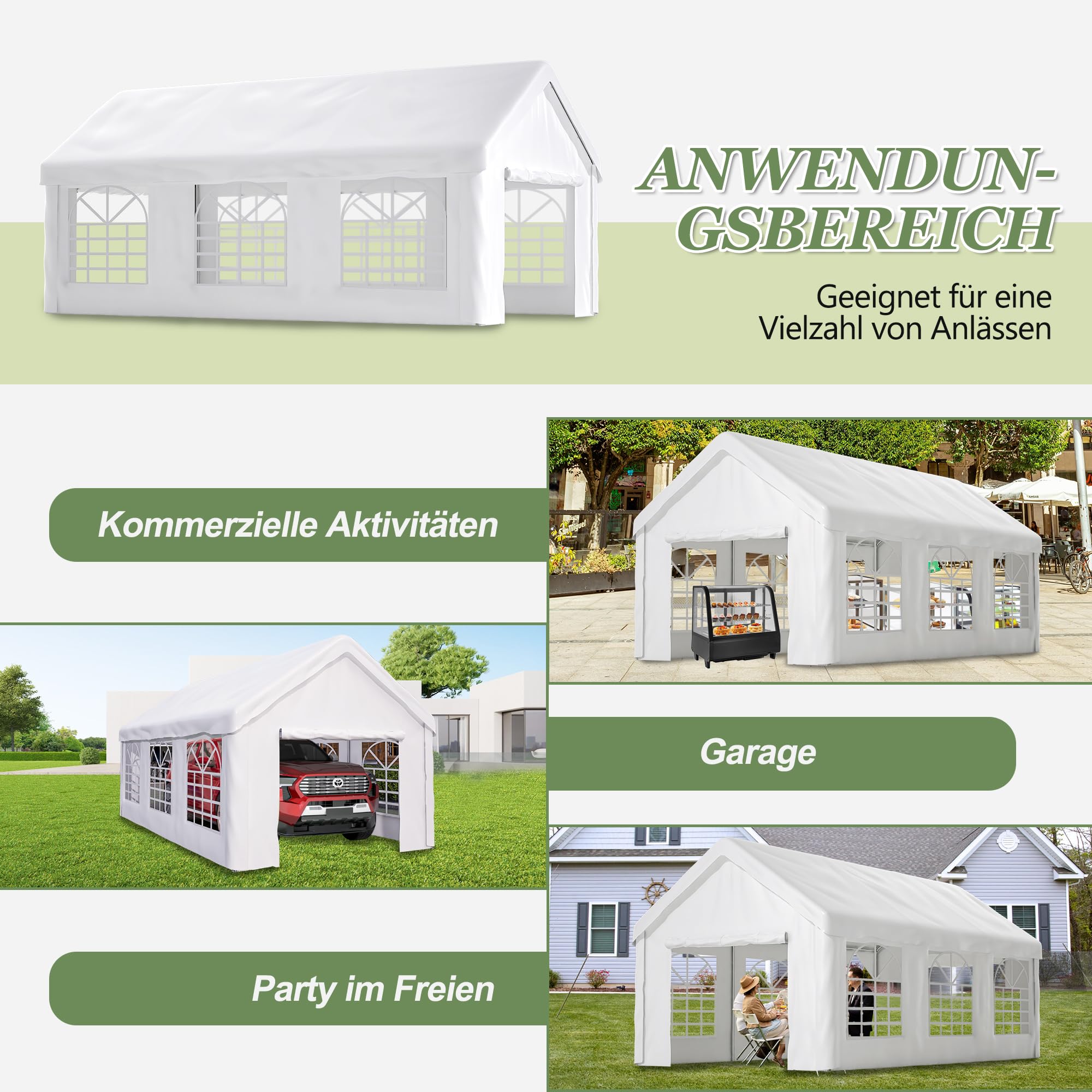 Carport Garaje tienda de campaña de 3 × 6 m, resistente al agua, con ventanas enrollables, paredes laterales desmontables y techo, cobertizo para coches, motos, camiones, barcos y dispositivos (blanco