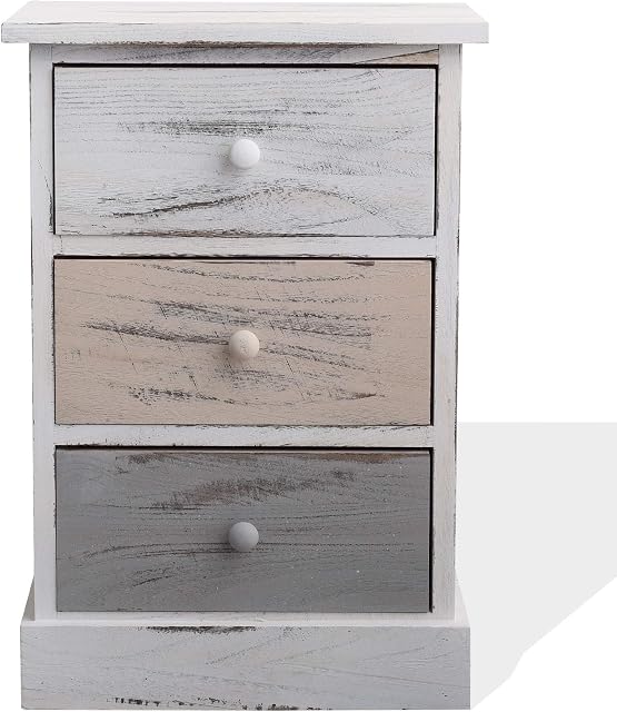 Rebecca Mobili Bedside Table Nightstand 3 Drawers REBECCA NATURAL Wood White Grey Beige Country Chic Bedroom Sitting Room - 53,5 x 40 x 29 cm (H x W x D) - Art. RE4263