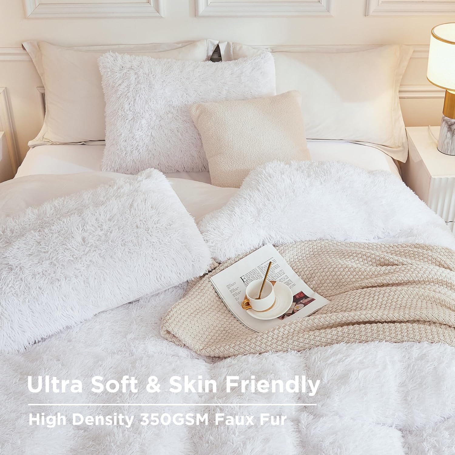 Andency Faux Fur White Comforter King Size, 3 Pieces Fluffy Fuzzy Plush Bedding Comforter Set (1 Shaggy Velvet Comforter & 2 Pillowcases), Soft Puffy Comfy Down Alternative Comforter Bedding Set