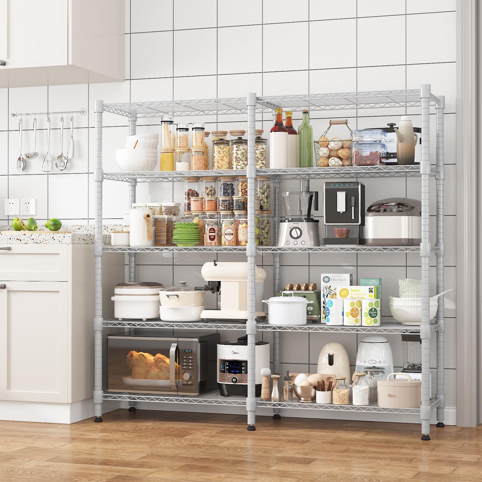 Himimi Estantería metálica de 5 niveles para almacenamiento, Unidad de estanterías de alambre ajustables, Estantes resistentes con pies niveladores, Estantería de almacenamiento 152*35*183cm, Plateado