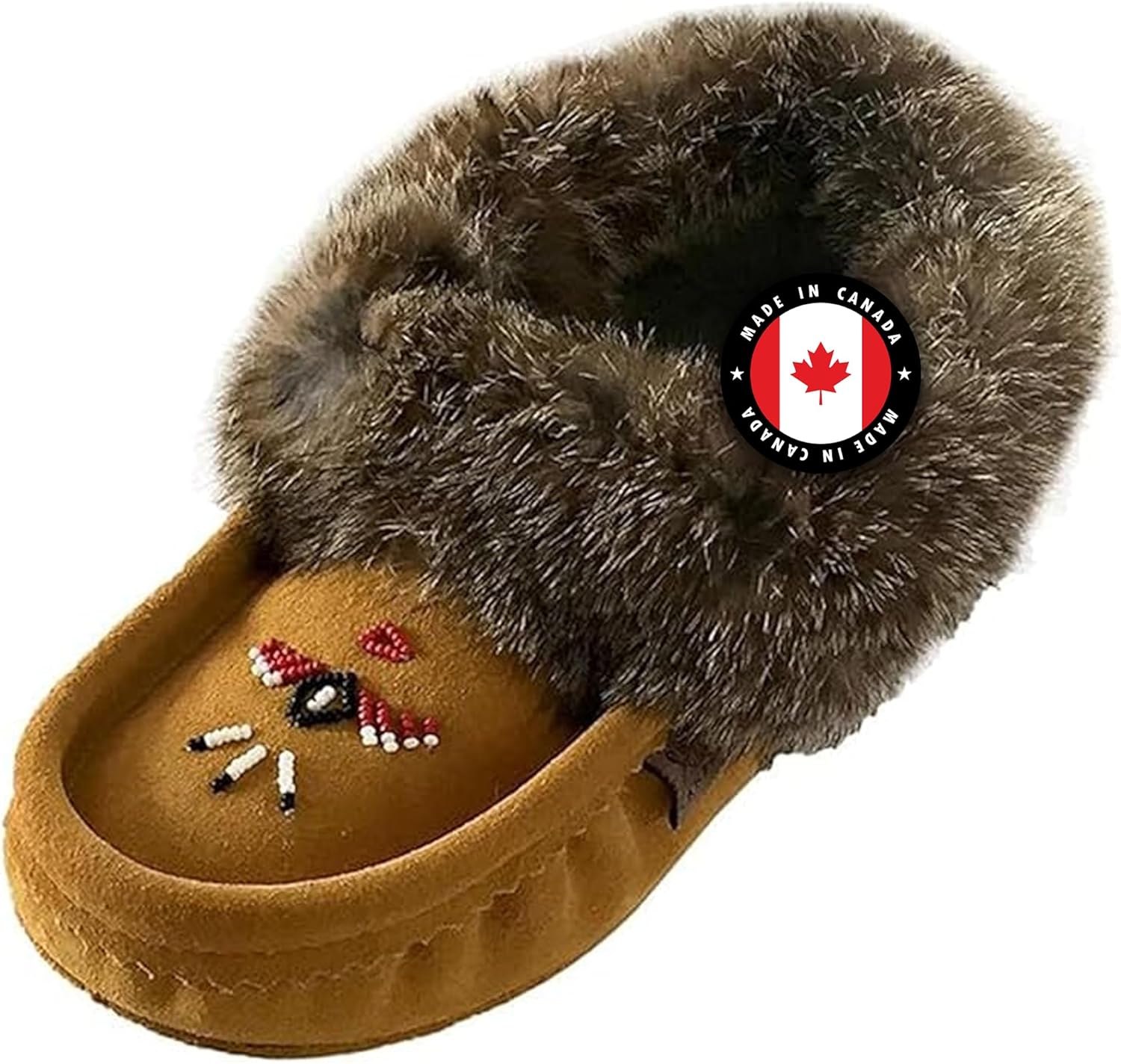 Laurentian Chief Moccasin Slippers for Women – Ladies Comfortable Slippers with Real Rabbit Fur Trim and Soft Faux Lining – Canada Quality Beaded Style Warmie Shoes for House Indoor