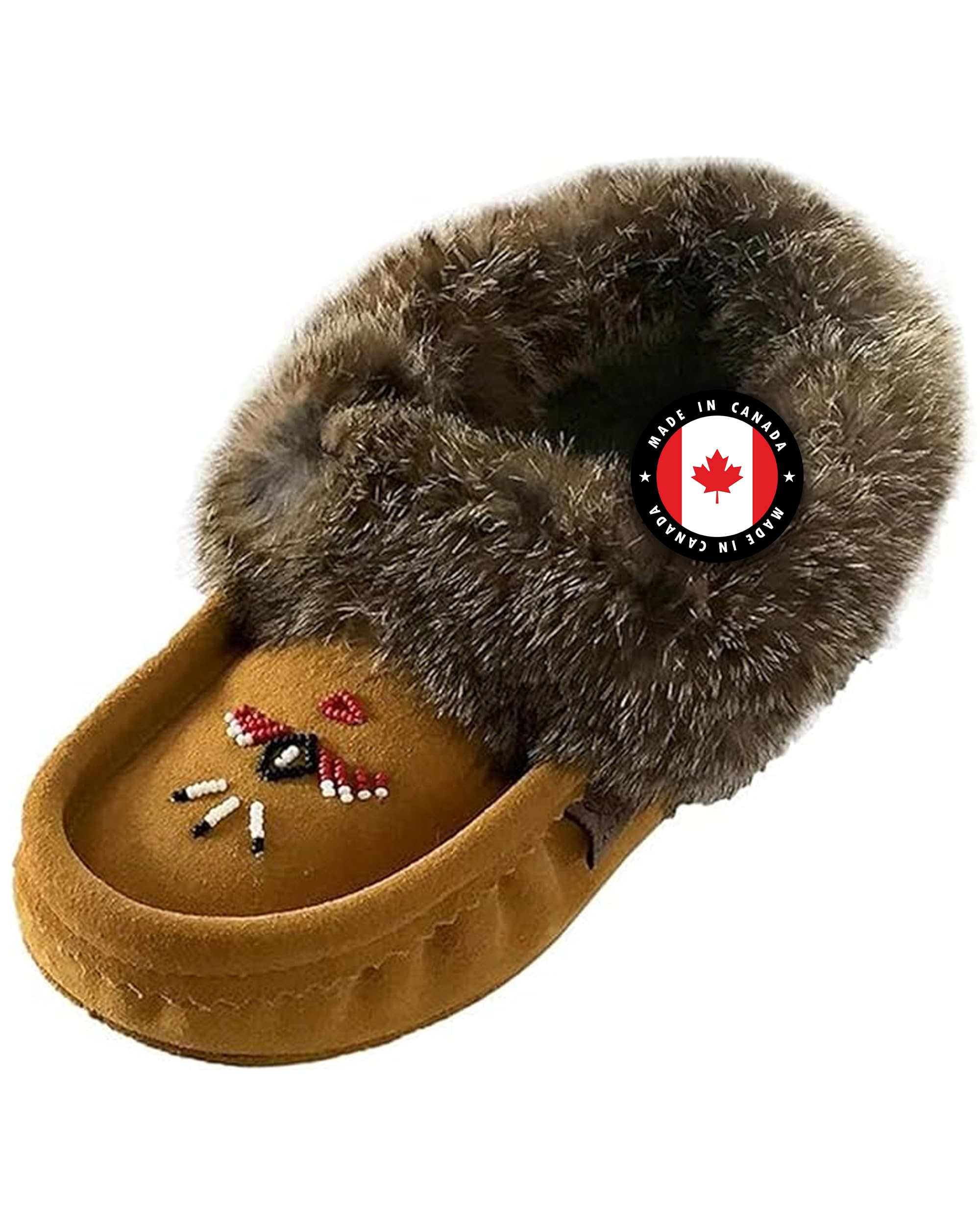 Laurentian Chief Moccasin Slippers for Women – Ladies Comfortable Slippers with Real Rabbit Fur Trim and Soft Faux Lining – Canada Quality Beaded Style Warmie Shoes for House Indoor