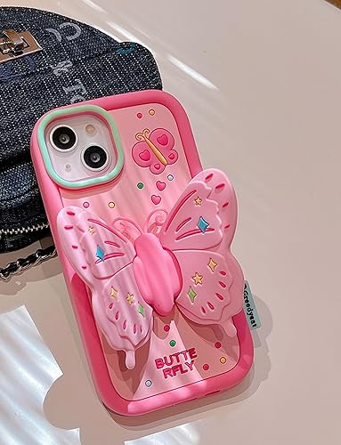 Miniatura 2 de Funda de teléfono de mariposa rosa compatible con iPhone 13, bonita funda de mariposa de dopamina de Corea 3D con alas de mariposa, soporte