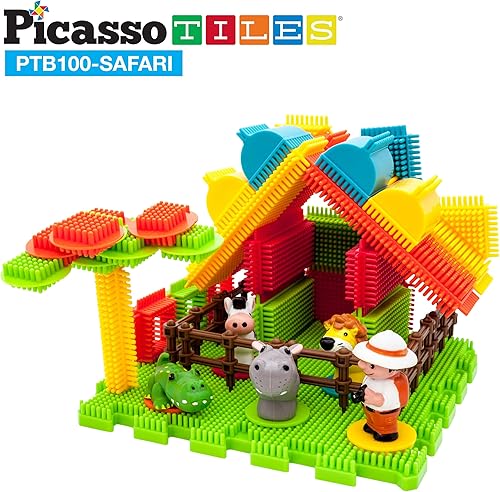 Miniatura 5 de PicassoTiles PTB100 - Juego de 100 piezas de bloques de construcción 3D con bloqueo de cerdas, juego temático de safari, juego de aprendizaje, juego