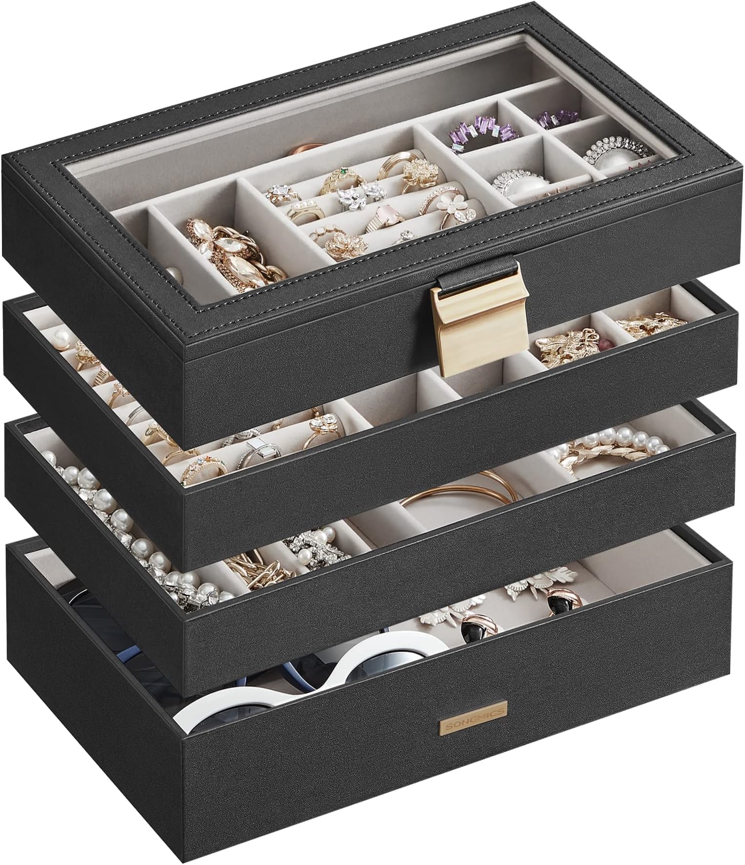 SONGMICS Stackable Jewelry Trays, 4-Tier Jewelry Box, Drawer Jewelry Organizer, with Glass Lid, Removable Dividers, for Vanity Table, 6.7 x 11 x 7.2 Inches, Gift Idea, Ink Black UJBC164B01