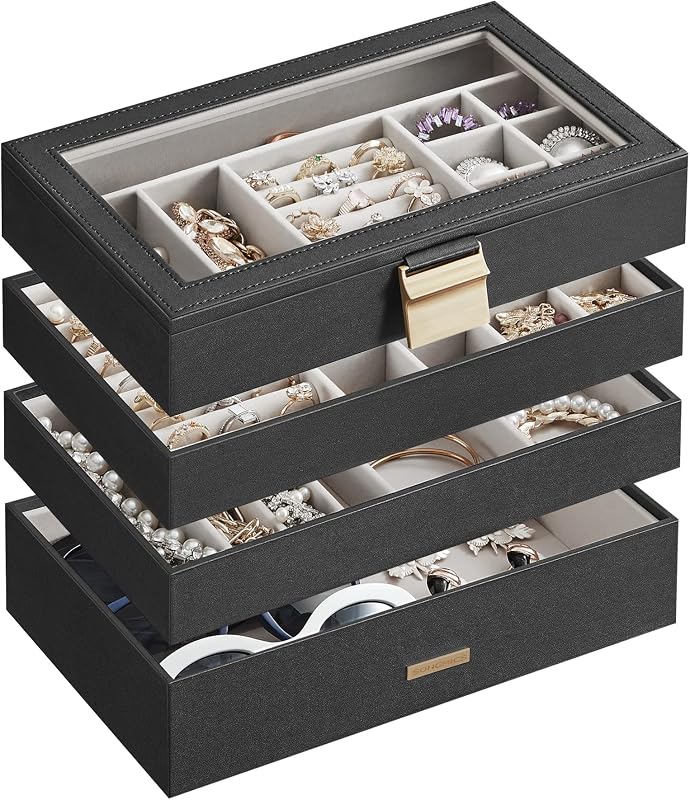 SONGMICS Colección GISELLA - Bandejas Apilables para Joyas, Joyero de 4 Niveles, Organizador de Joyas con Cajón, con Tapa de Vidrio, Divisores Extraíbles, 6.7 x 11 x 7.2 Pulgadas, Idea de Regalo, Tinta Negra UJBC164B01 | Organizador de joyas con cajón, 6,7 x 11 x 7,2 pulgadas, divisores extraíbles, idea de regalo, tinta negra, colección GISELLA UJBC164B01