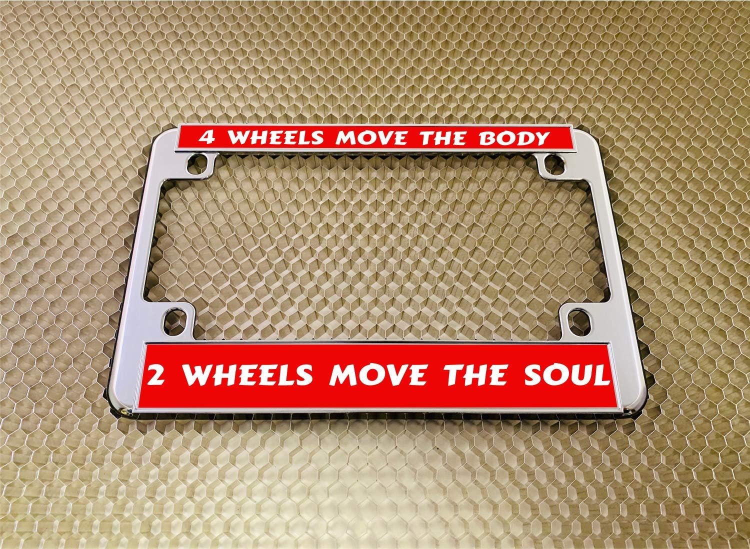 Motorcycle Personalized Chrome Metal (Zinc) Laser Engraved Standard Size License Plate Frame with Custom Text Design - Red/White Text