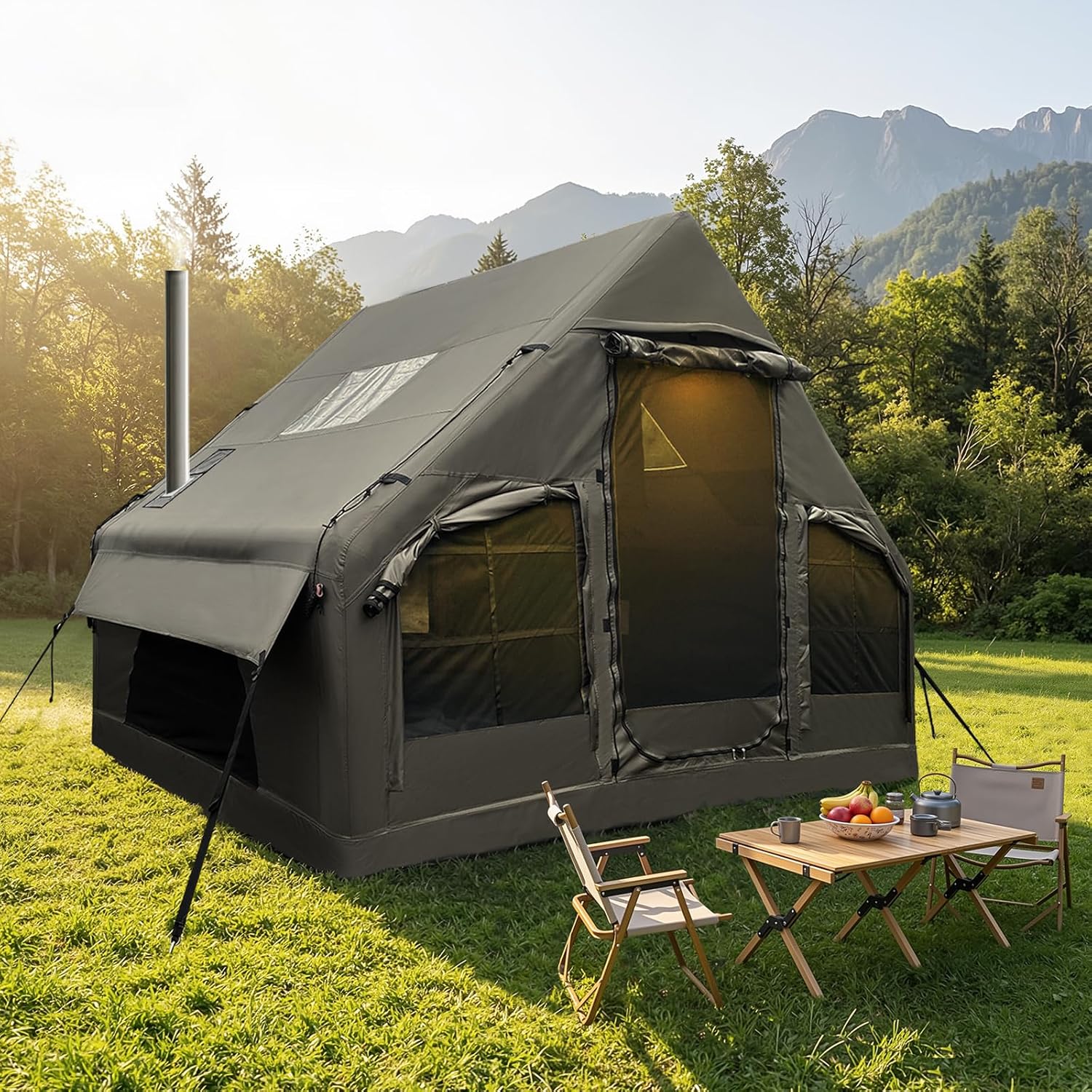 Luxury Inflatable Camping Tent,Wind & Rain Resistant,Breathable & Durable Wear-Resistant Fabric,Built-in Stove Jack,Fast Setup with Pump,All-Season Ready,Dual Doors,Mosquito-Proof Mesh Windows