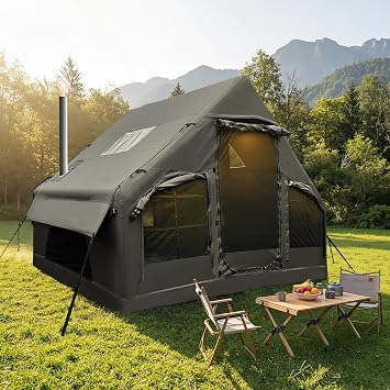 Luxury Inflatable Camping Tent,Wind & Rain Resistant,Breathable & Durable Wear-Resistant Fabric,Built-in Stove Jack,Fast Setup with Pump,All-Season Ready,Dual Doors,Mosquito-Proof Mesh Windows