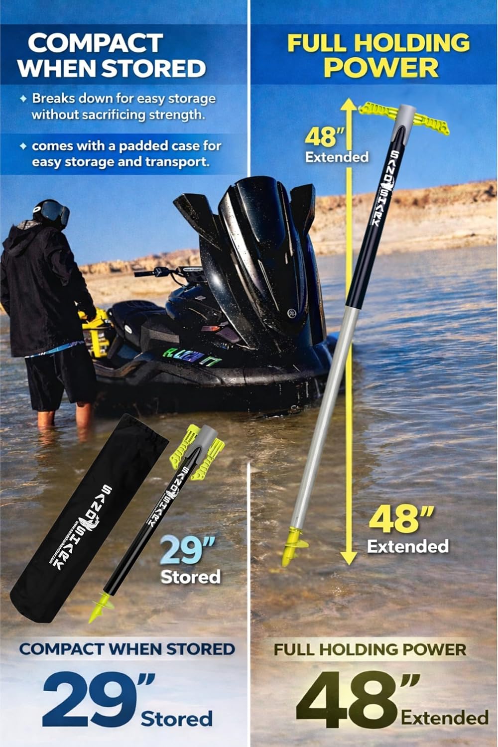 SandShark Supersport 3.0 Shallow Water Anchor - Great Jet Ski, PWC, Pontoon Boat Accessory - Adjusts 29"-48" w/Case Neon Green SuperSport 4' Tall