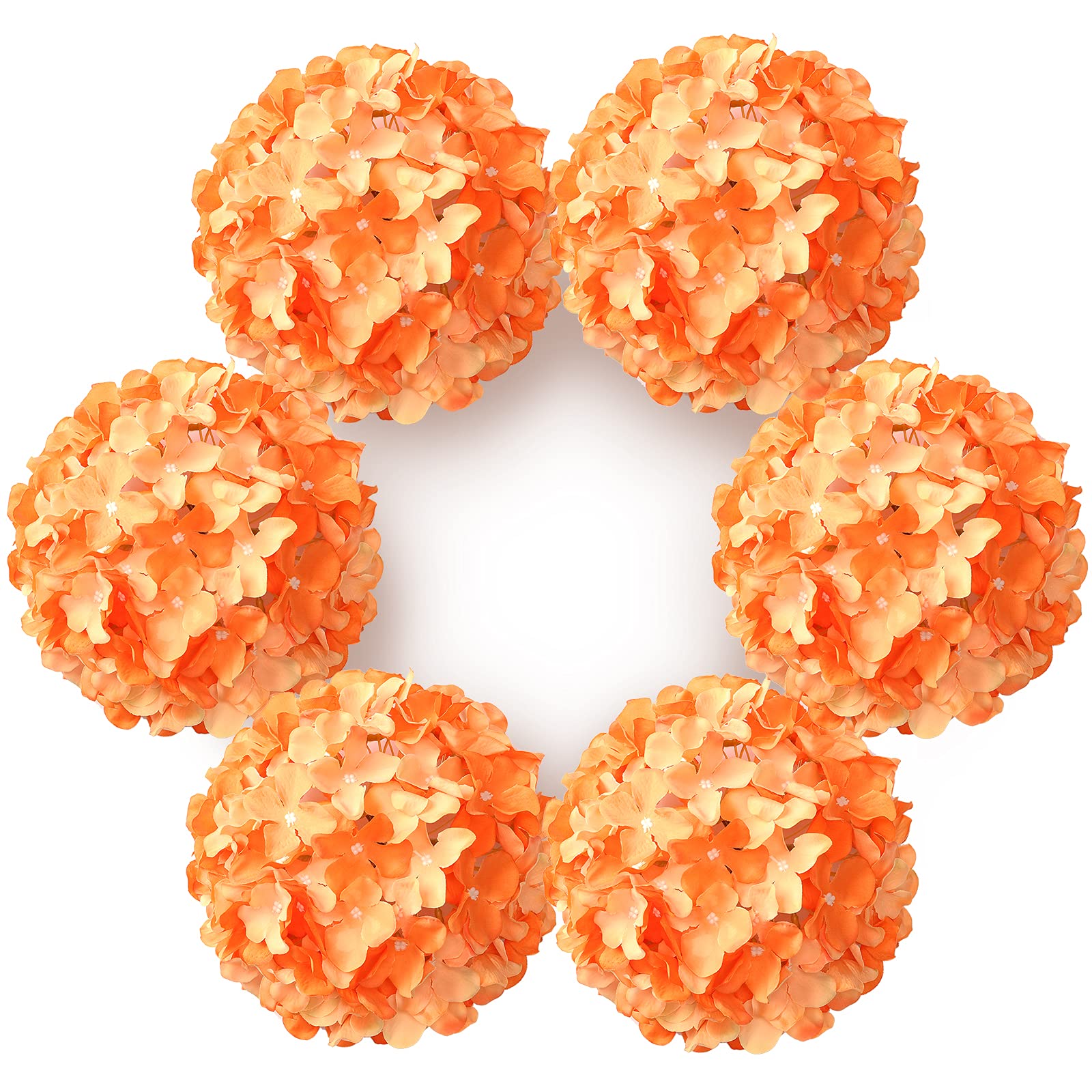 Duhouse Orange Artificial Bigger Silk Hydrangea Flower Heads With Stem Realistic Fake Hydrangea Flower Bouquets For Wedding Home Party Garden Centerpiece Pack Of 6(Orange)
