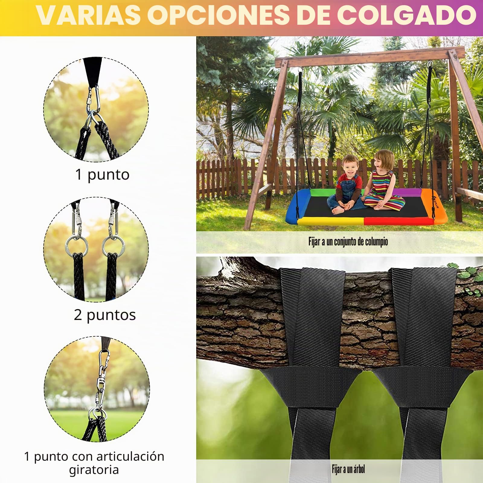 GOPLUS Columpio Rectangular Suspendido al Aire Libre, Nido de Pájaro de Cuerdas Ajustables 100-180CM, Asiento Suspendido al Aire Libre para Niños, hasta 315 KG,150 x 80CM (Multicolor)