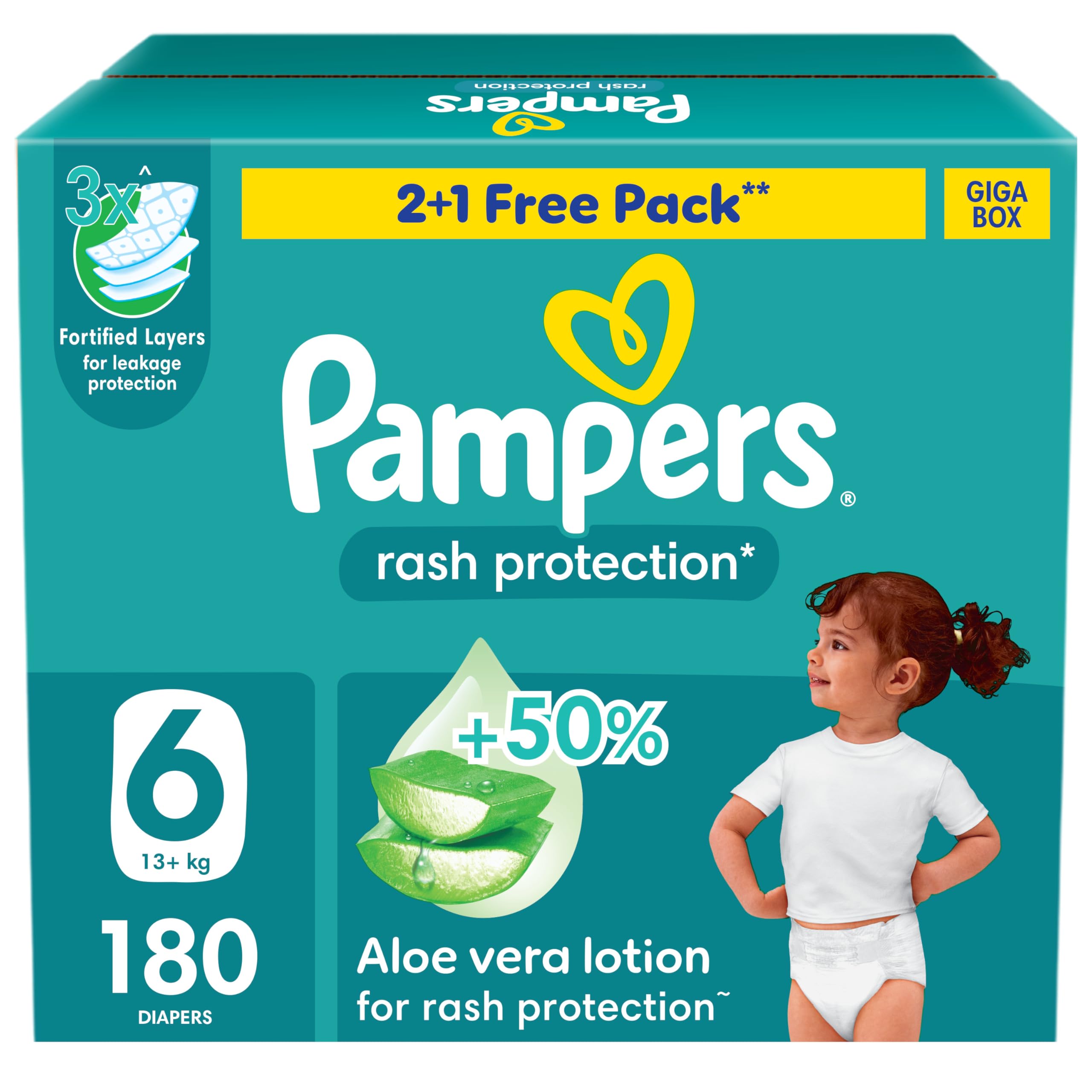 Pampers Rash Protection Taped Diapers, Size 6, 13+kg, +50% Aloe Vera Lotion for Rash Protection, 3x Fortified Layers for Leakage Protection, Giga Box, 180 CountPampers Rash Protection Taped Diapers, Size 6, 13…