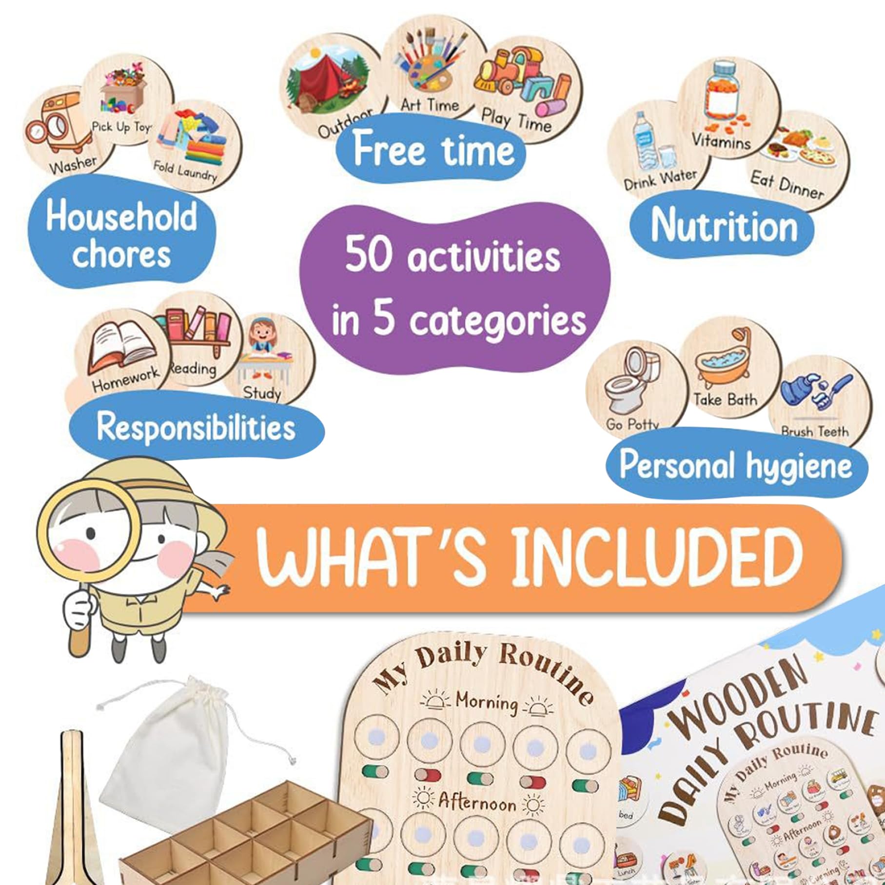 Tabella della Routine giornaliera per Bambini Tabella della Routine per Bambini in Legno con Scatola portaoggetti Programma visivo per delle faccende domestiche e Scolastiche per Bambi