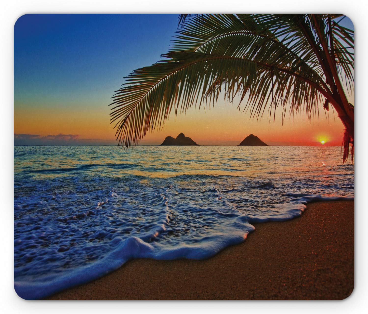 ambesonneHawaiian Mouse Pad, Pacific Sunrise at Lanikai Beach Hawaii Colorful Sky Wavy Ocean Surface Scene, Standard Size Rectangle Non-Slip Rubber Mousepad, Blue Brown