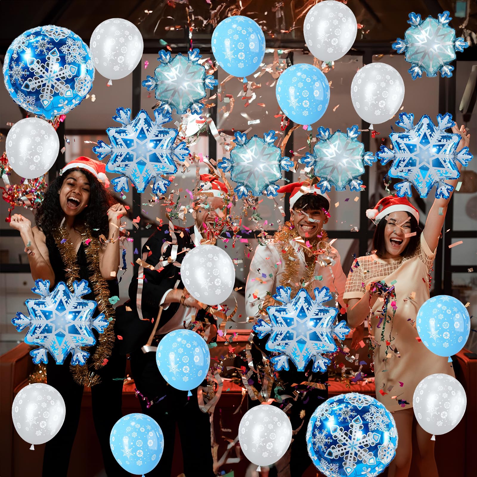 50 Stk Weihnachts Schneeflocken Ballons Set, Blau Silber Schneeflocke Folienballon in verschiedenen Formen und Latex Ballons, Weihnachten Deko Luftballon für Winter Wunderland Party Dekoration