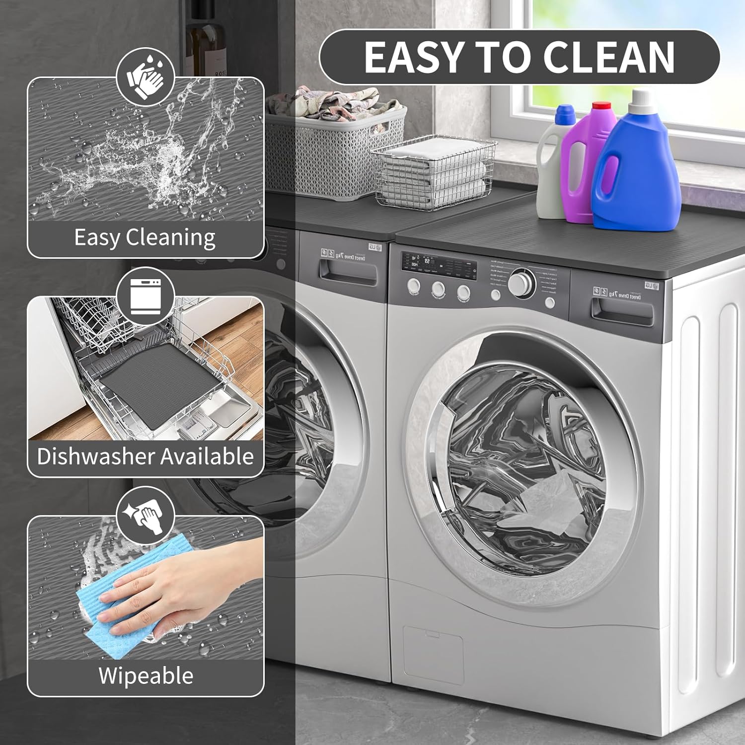 ME.FAN 2PCS 25.6''x 23.6'' Washer and Dryer Covers for the Top, Silicone Washer Dryer Top Protector Mat, Non Slip Silicone Countertop Mat for Laundry/Kitchen - Dark Grey