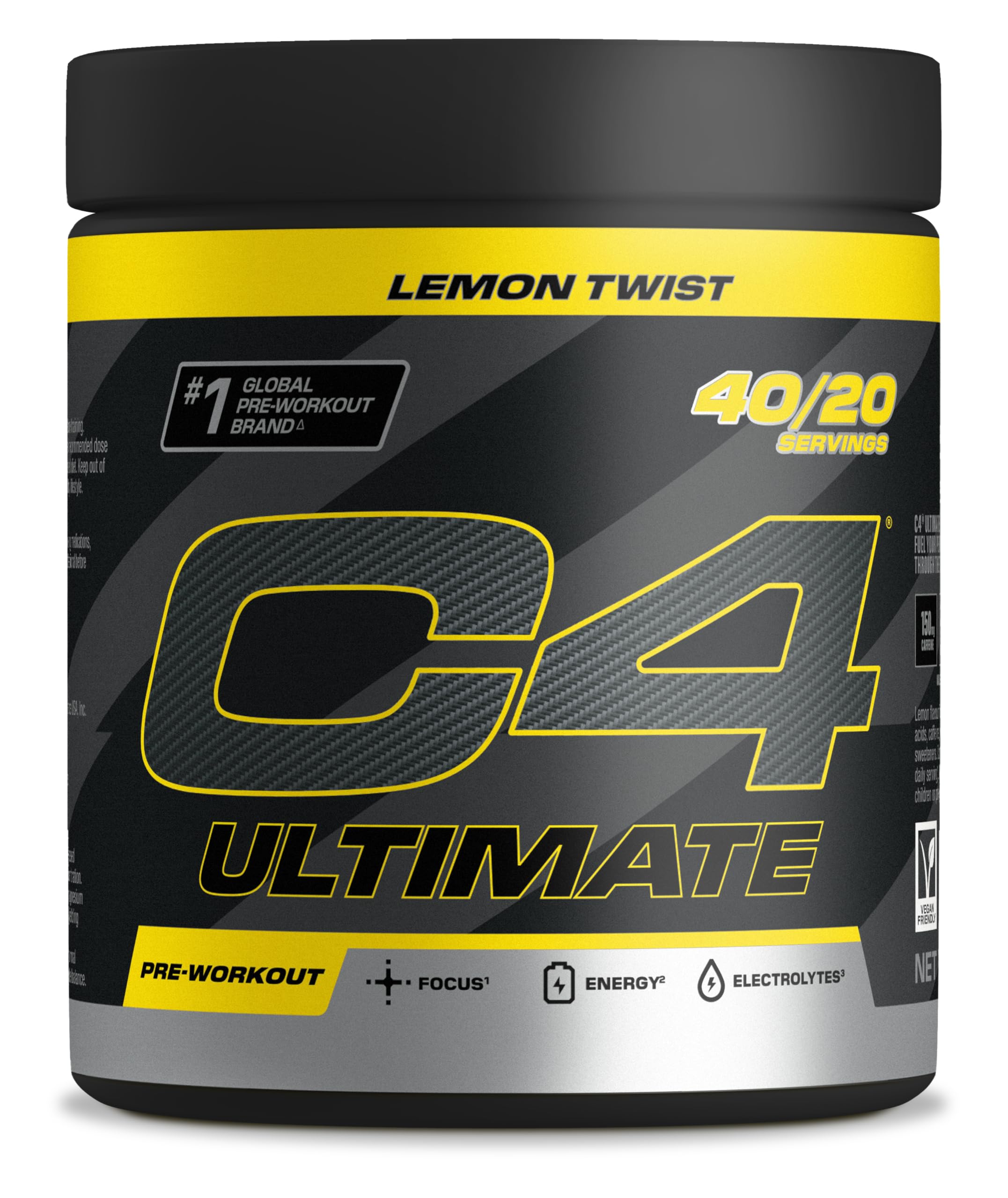 C4 Ultimate Pre Workout Powder Lemon Twist 20 Servings, 40 if Single Scooped | Zero Sugar Pre Workout with Caffeine 300mg, L Citrulline 6000mg, Beta Alanine 4800mg, Vitamins and Electrolytes