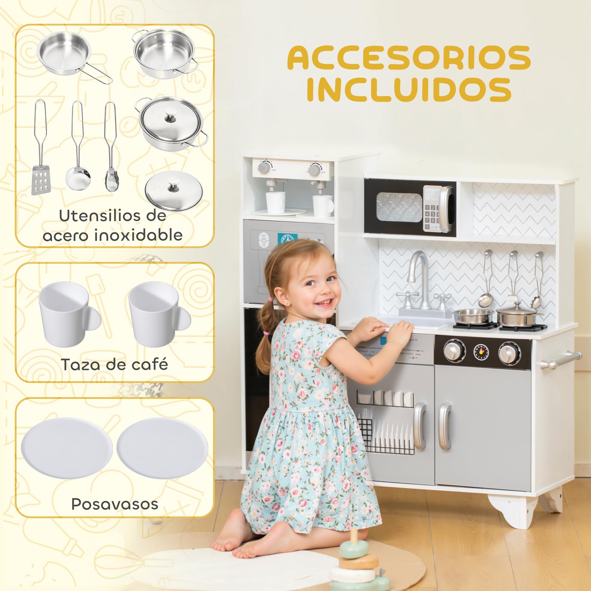 AIYAPLAY Cocina de Juguete de Madera con Sonido 79,5x24x83,8 cm Blanco | Cocinita Infantil, Accesorios de Acero Inoxidable, Microondas, Máquina de Hielo, Cafetera, Lavavajillas